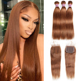#4 Brown Color Straight Virgin Hair 3 Bundles With 4x4 Lace Closure